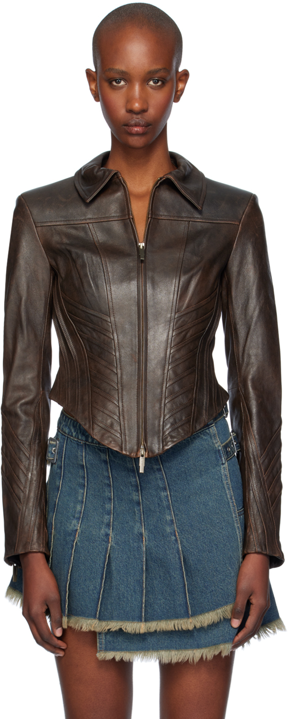 Brown Seaming Leather Jacket