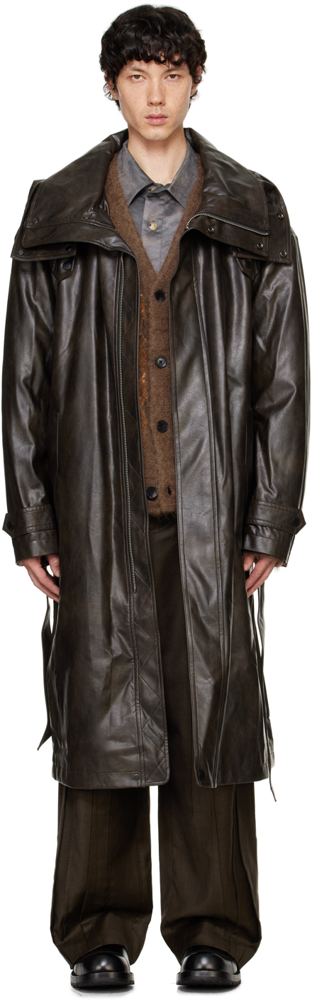 Brown Hooded Faux-Leather Coat