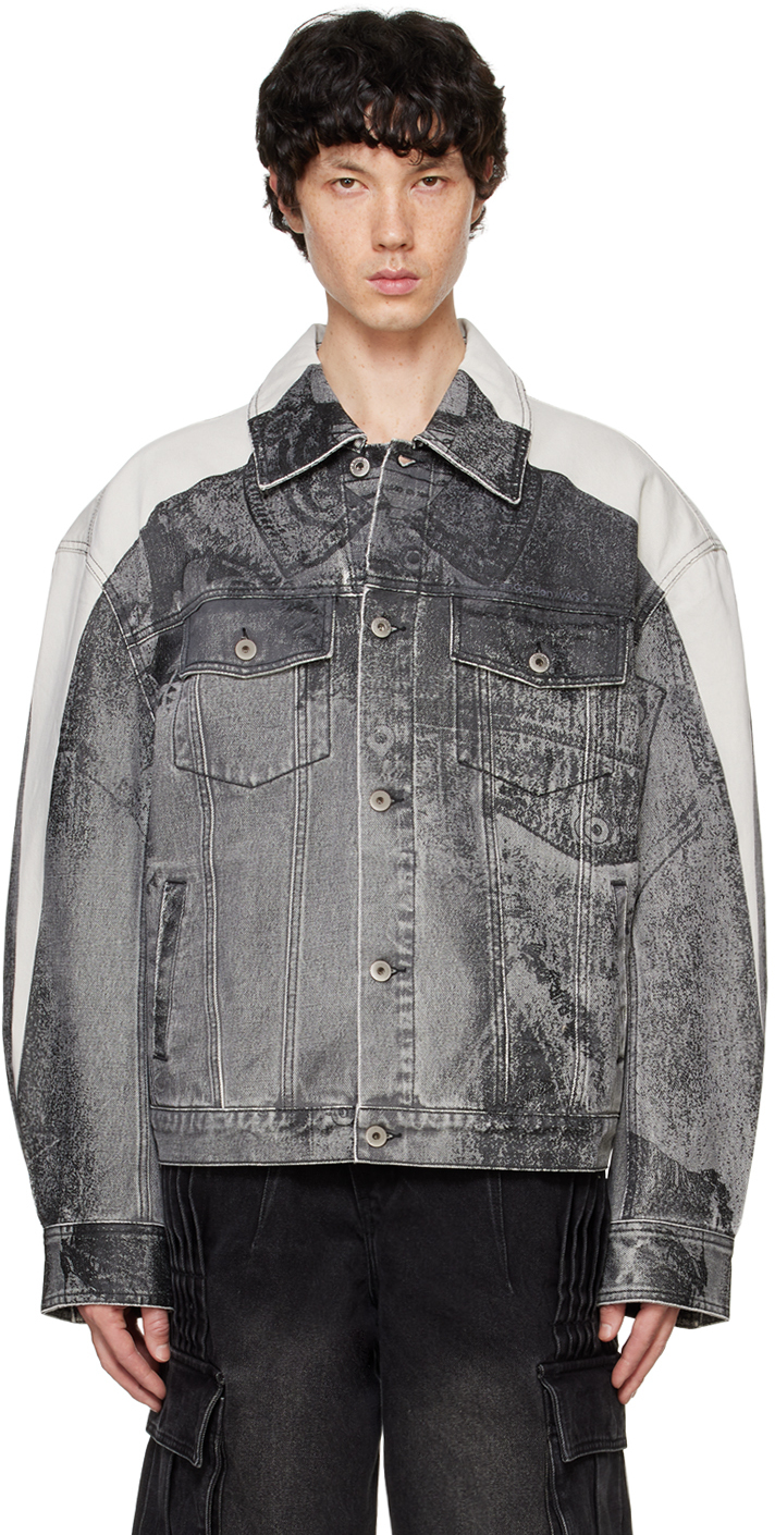 Shop Feng Chen Wang Gray Printed Denim Jacket In Black/grey