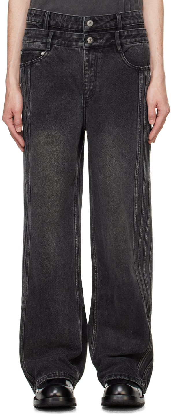 Black Seaming Double Waist Jeans