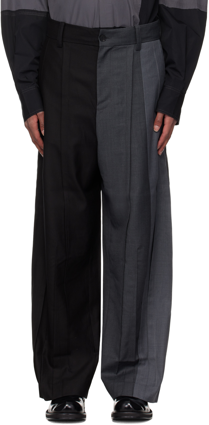 Shop Feng Chen Wang Black & Gray Pleated Tailored Trousers In Black/grey