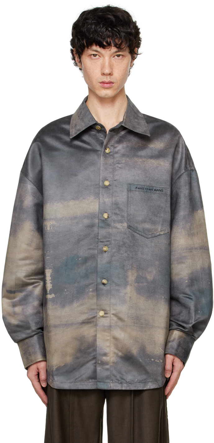 Feng Chen Wang Khaki Faux-chamois Printed Shirt In Brown