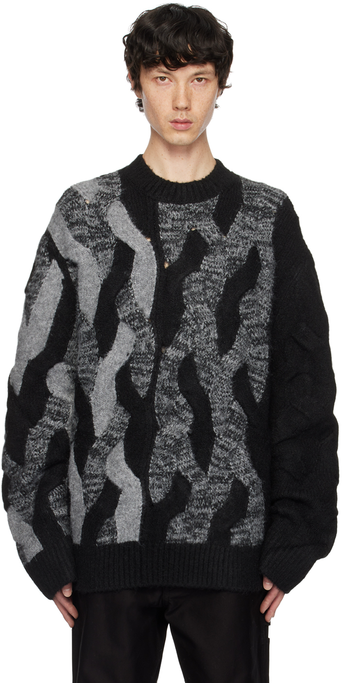 Shop Feng Chen Wang Black & Gray Cable Knit Sweater In Black/grey/white