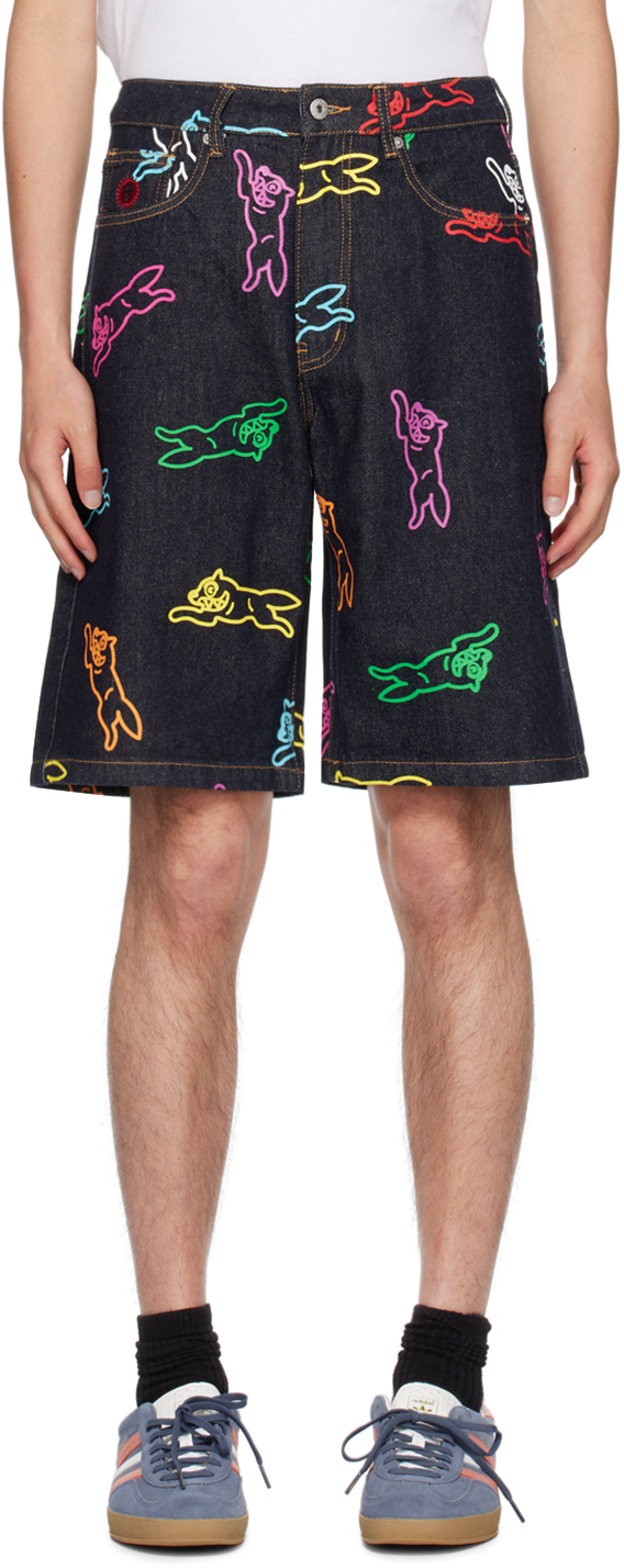 Indigo Allover Running Dog Denim Shorts