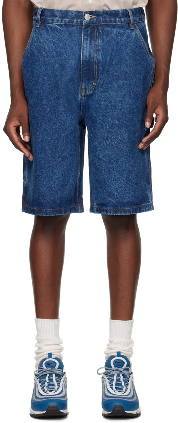 Blue Embroidered-Logo Denim Shorts