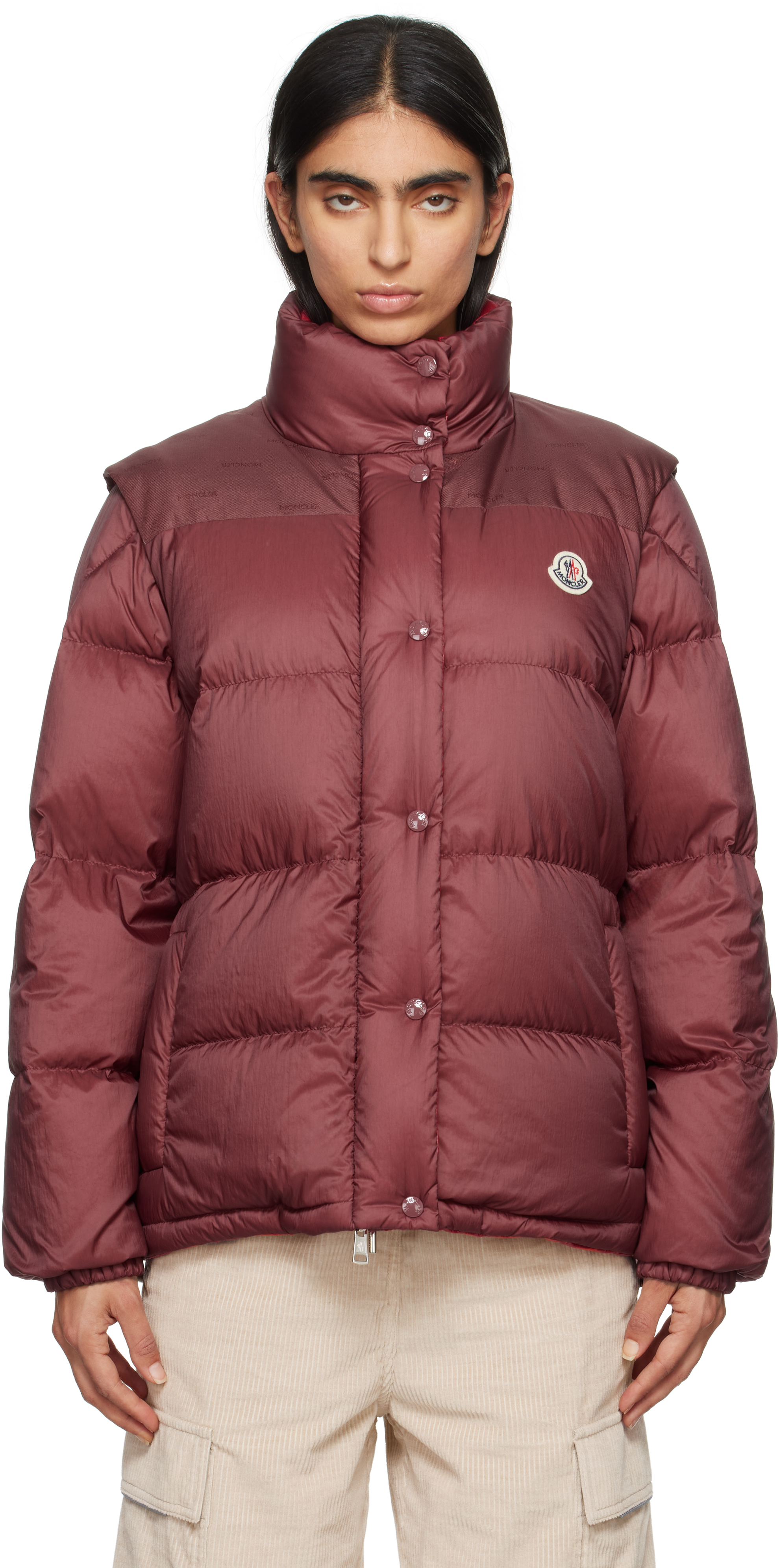 Shop Moncler Burgundy Verone Short Reversible Down Jacket In 466 Cherry