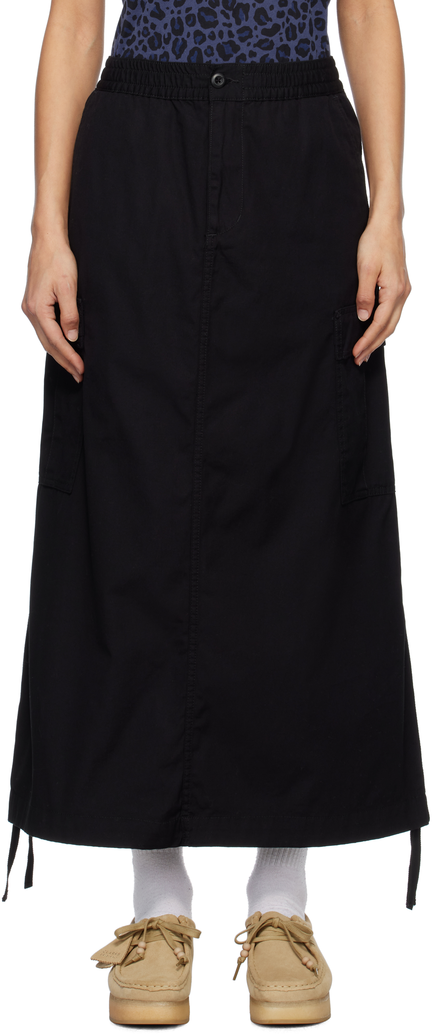 Black Cargo Long Midi Skirt