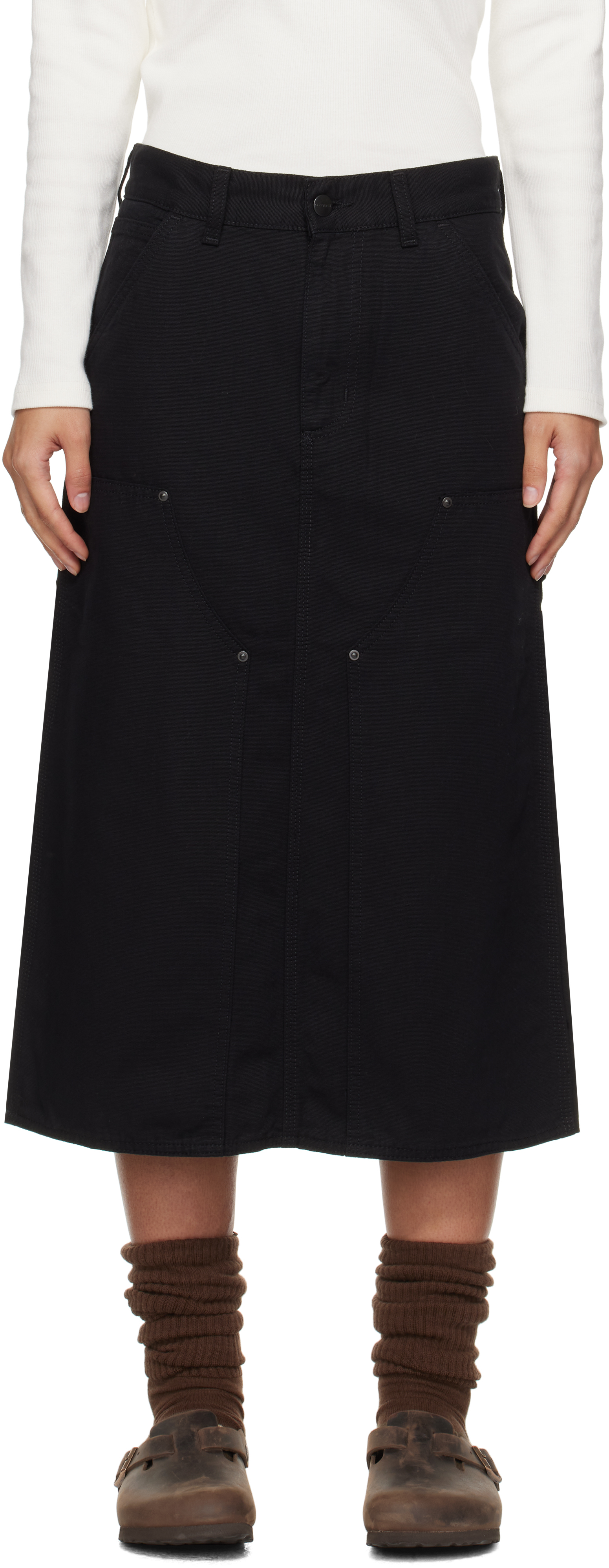 Black Double Knee Midi Skirt