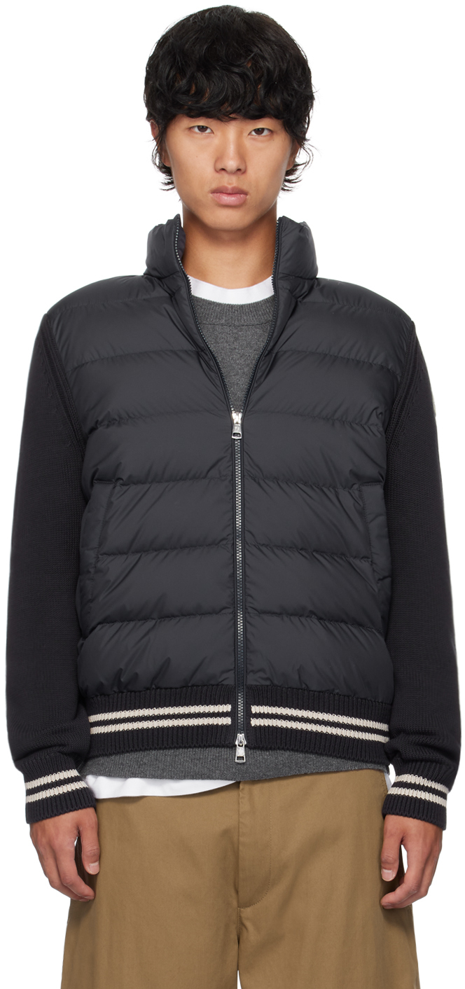 Shop Moncler Navy Paneled Down Cardigan In 779 - Navy Blue