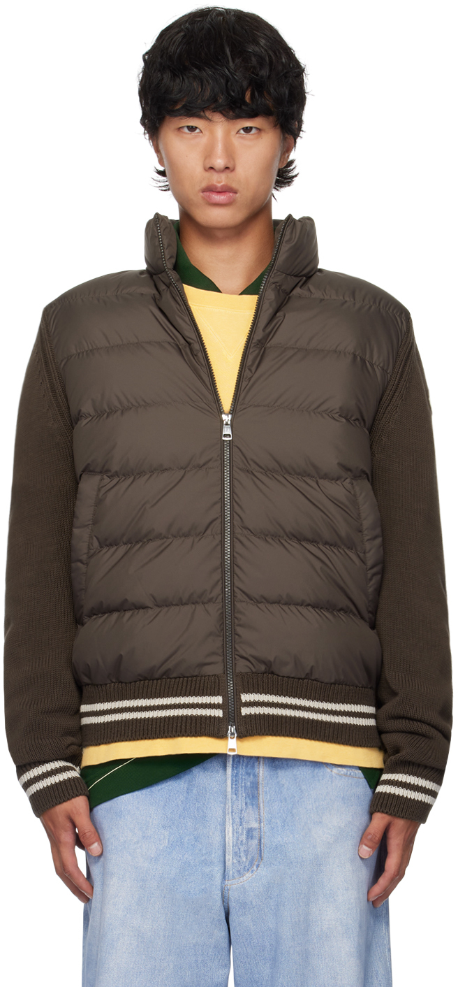 Moncler: Brown Paneled Down Cardigan | SSENSE