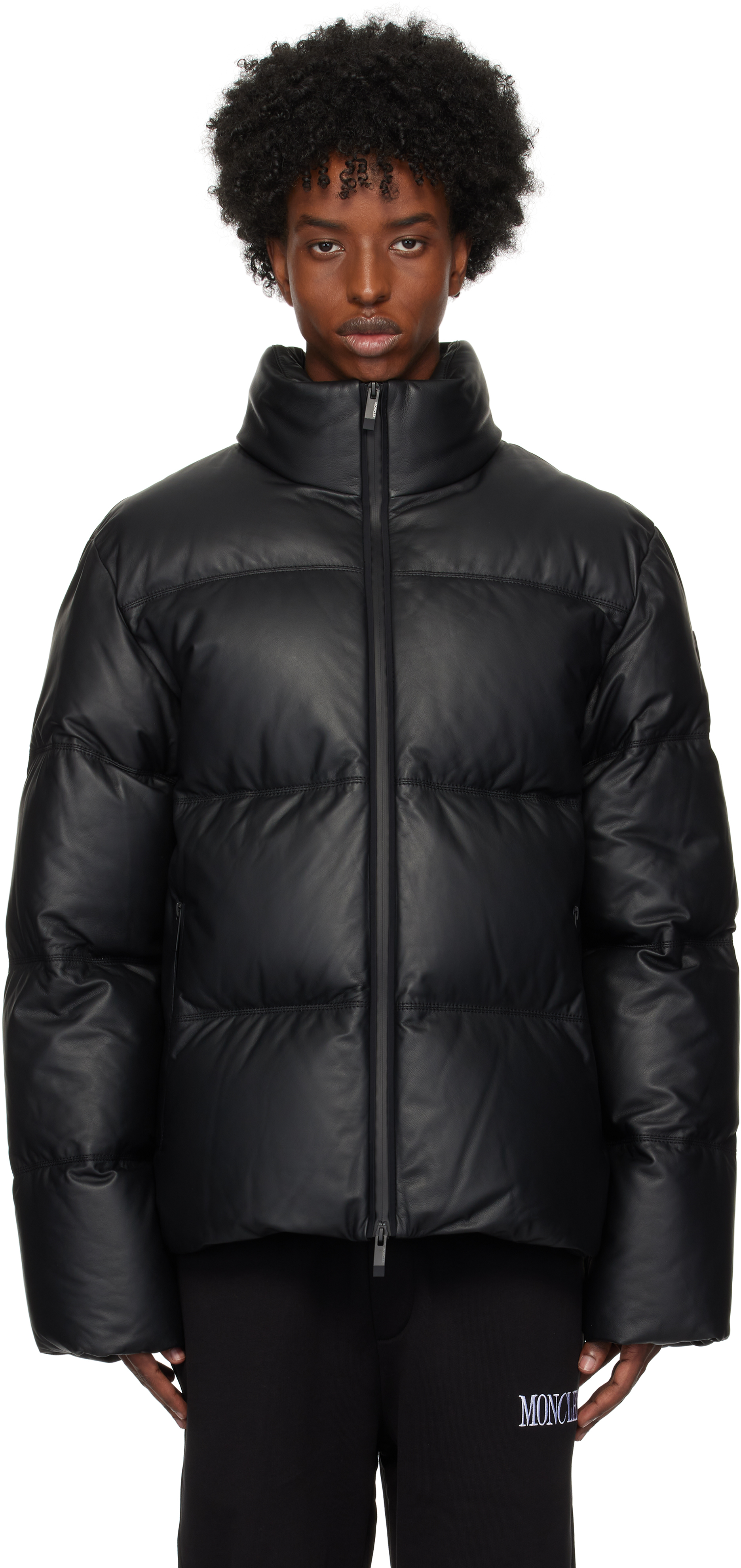 Shop Moncler Black Ligont Leather Down Jacket In 999 - Black