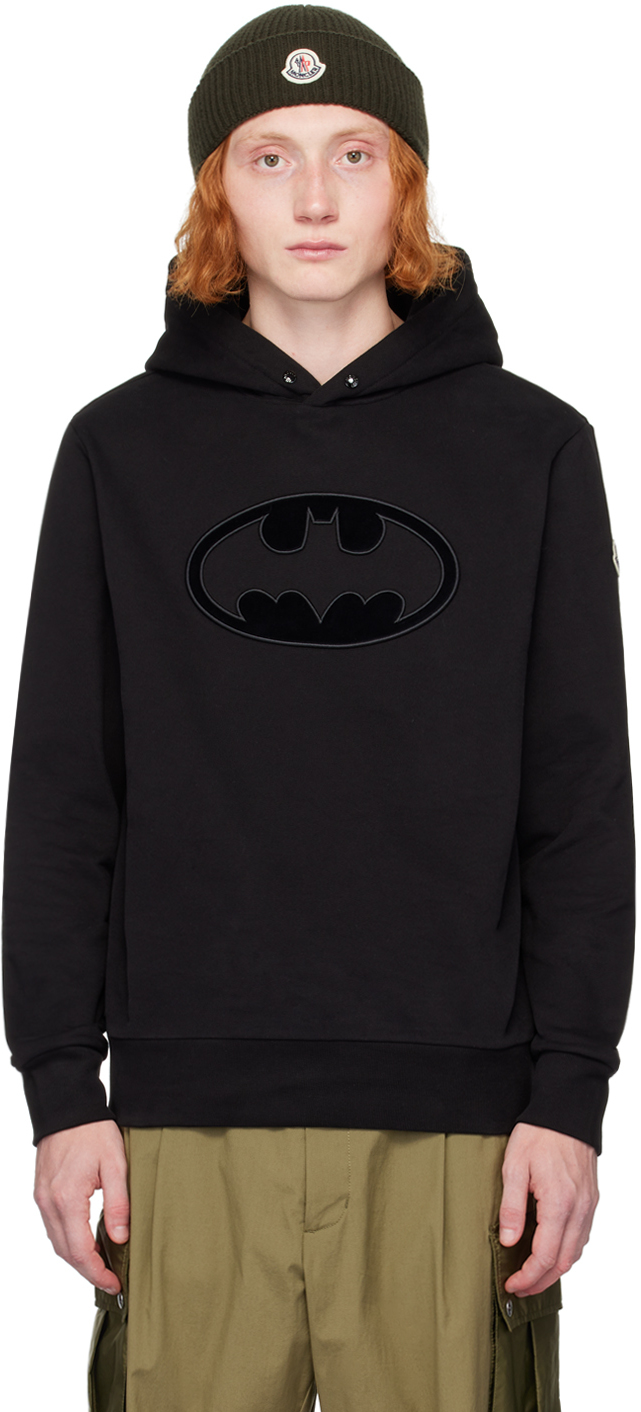 Shop Moncler Black Flocked Batman Logo Hoodie In 999 - Black