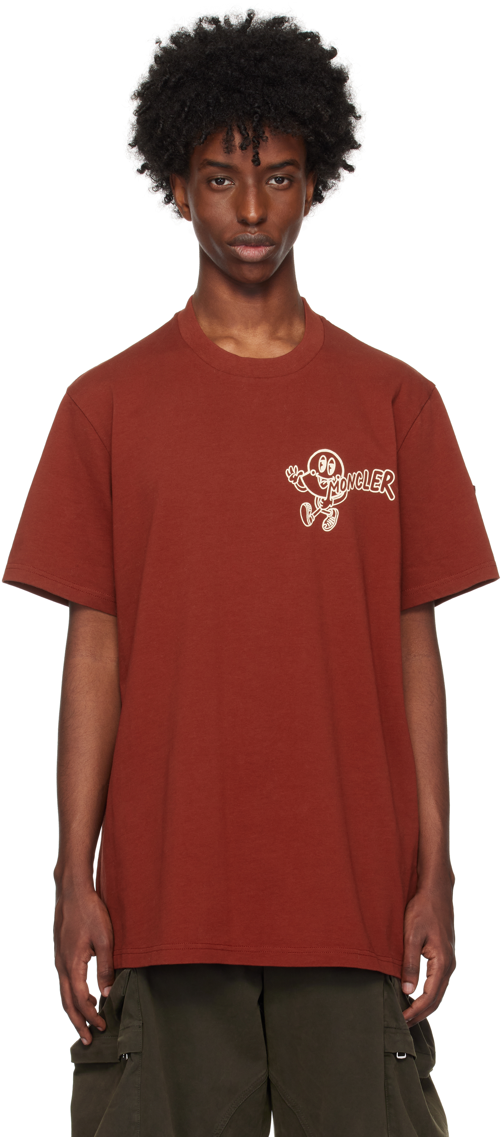 Shop Moncler Red Printed-logo T-shirt In 46j - Red Brown