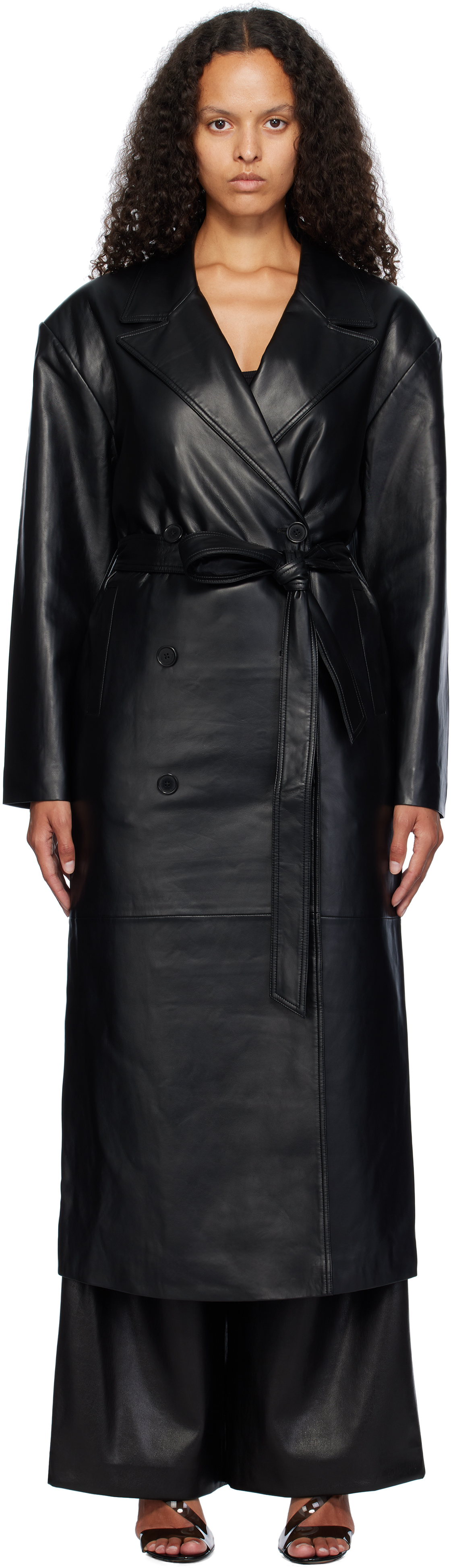 Black Tina Faux-Leather Trench Coat