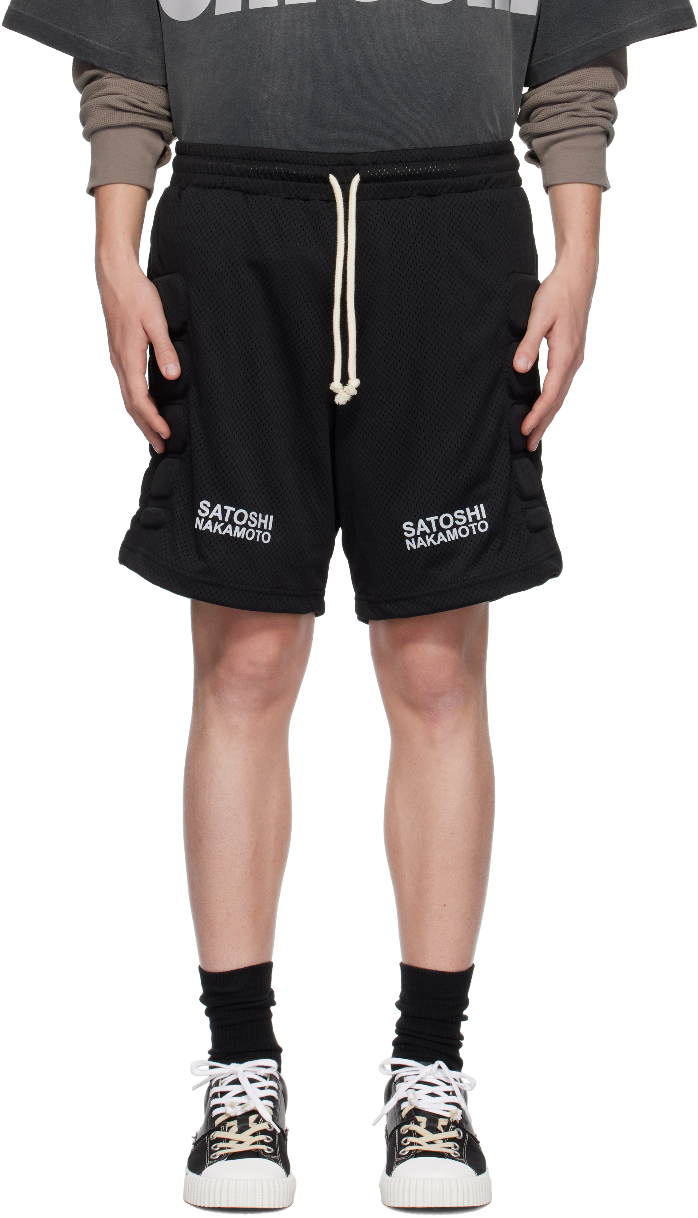 Shop Satoshi Nakamoto Black Mesh Moto Shorts