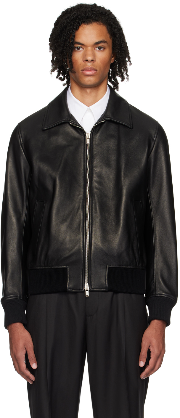 Shop Lardini Black Zip Leather Bomber Jacket In 999