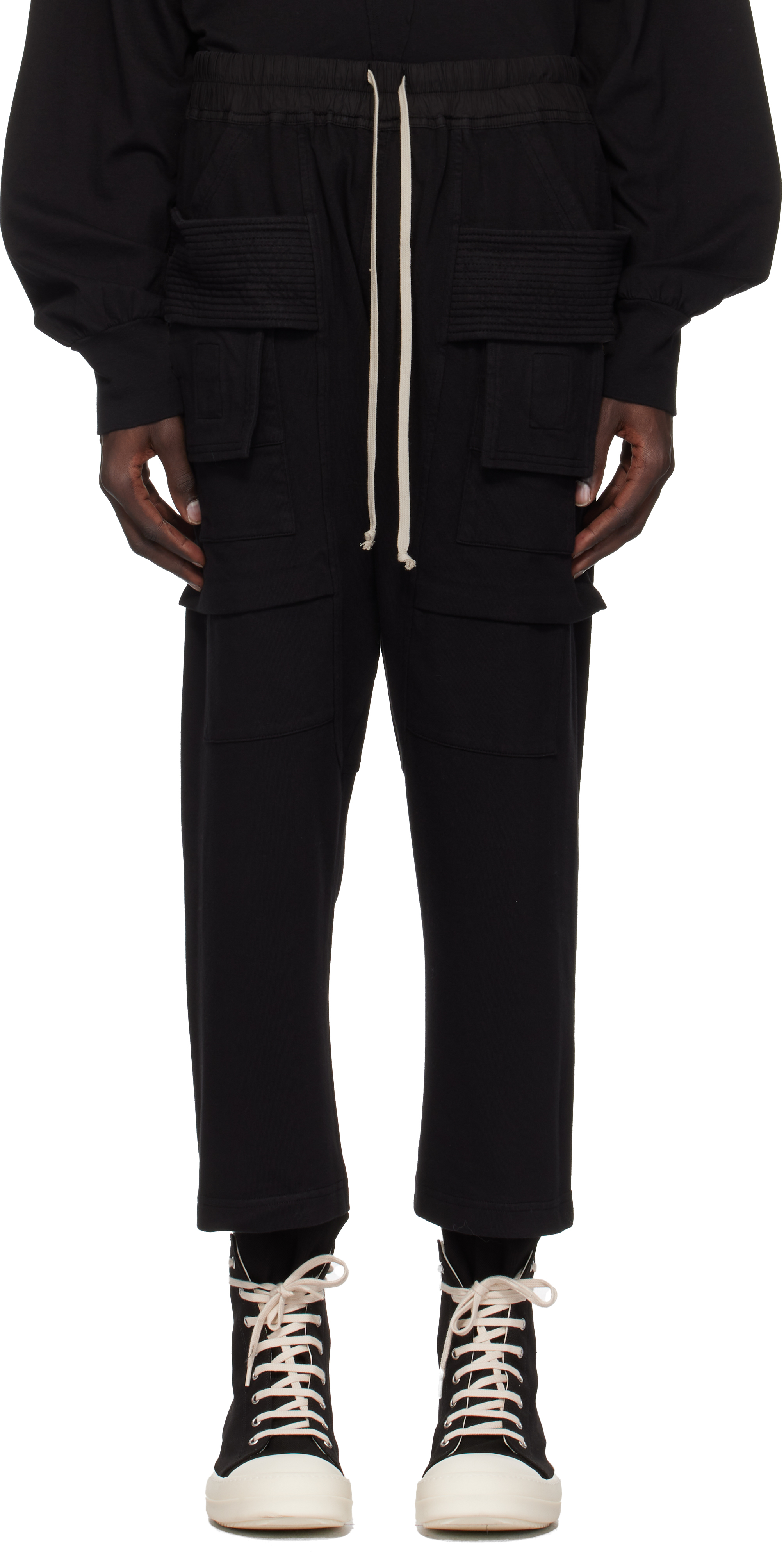 Shop Rick Owens Drkshdw Black Porterville Creatch Cropped Drawstring Cargo Pants In 09 Black