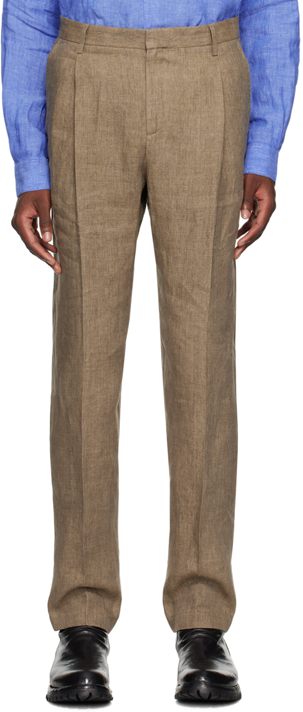 Brown Pleated Linen Trousers