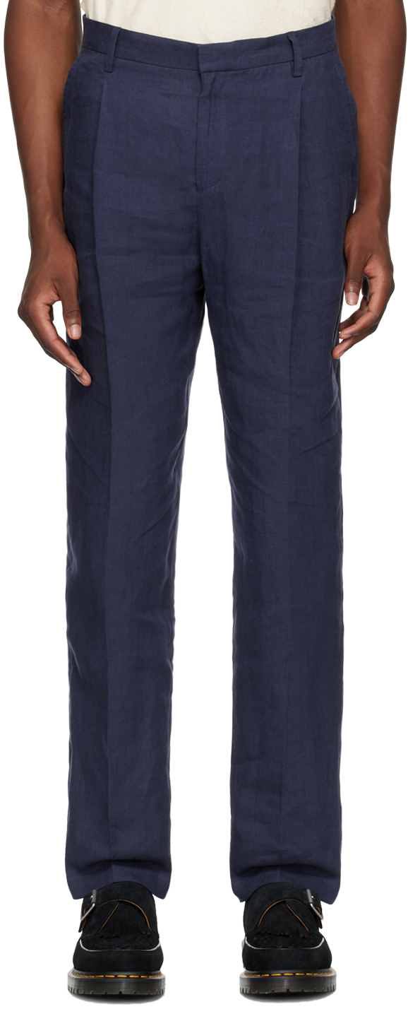 Shop Sunspel Navy Pleated Linen Trousers In Light Navy