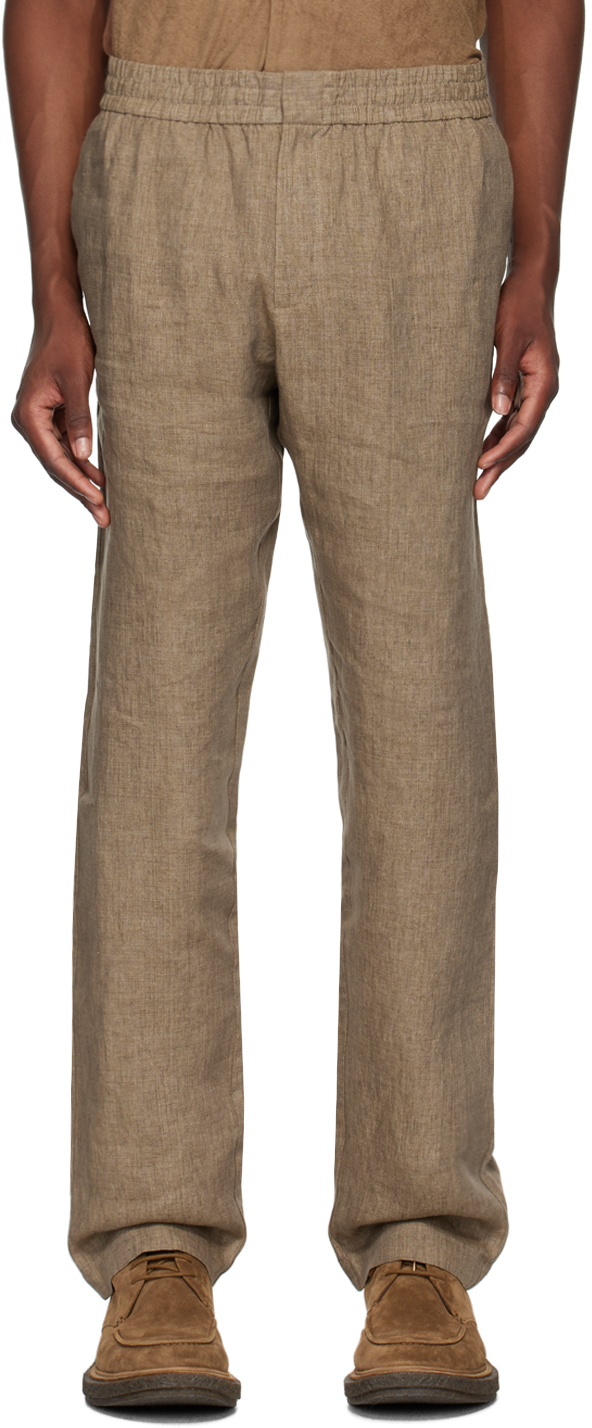 Shop Sunspel Brown Linen Drawstring Trousers In Dark Sand