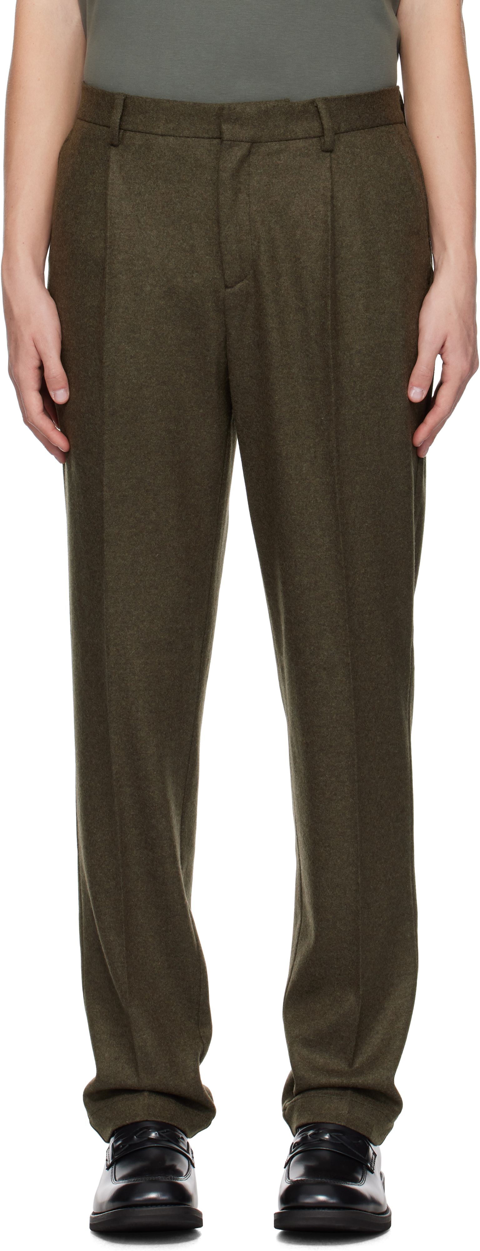 SUNSPEL KHAKI PLEATED BOILED WOOL TROUSERS 