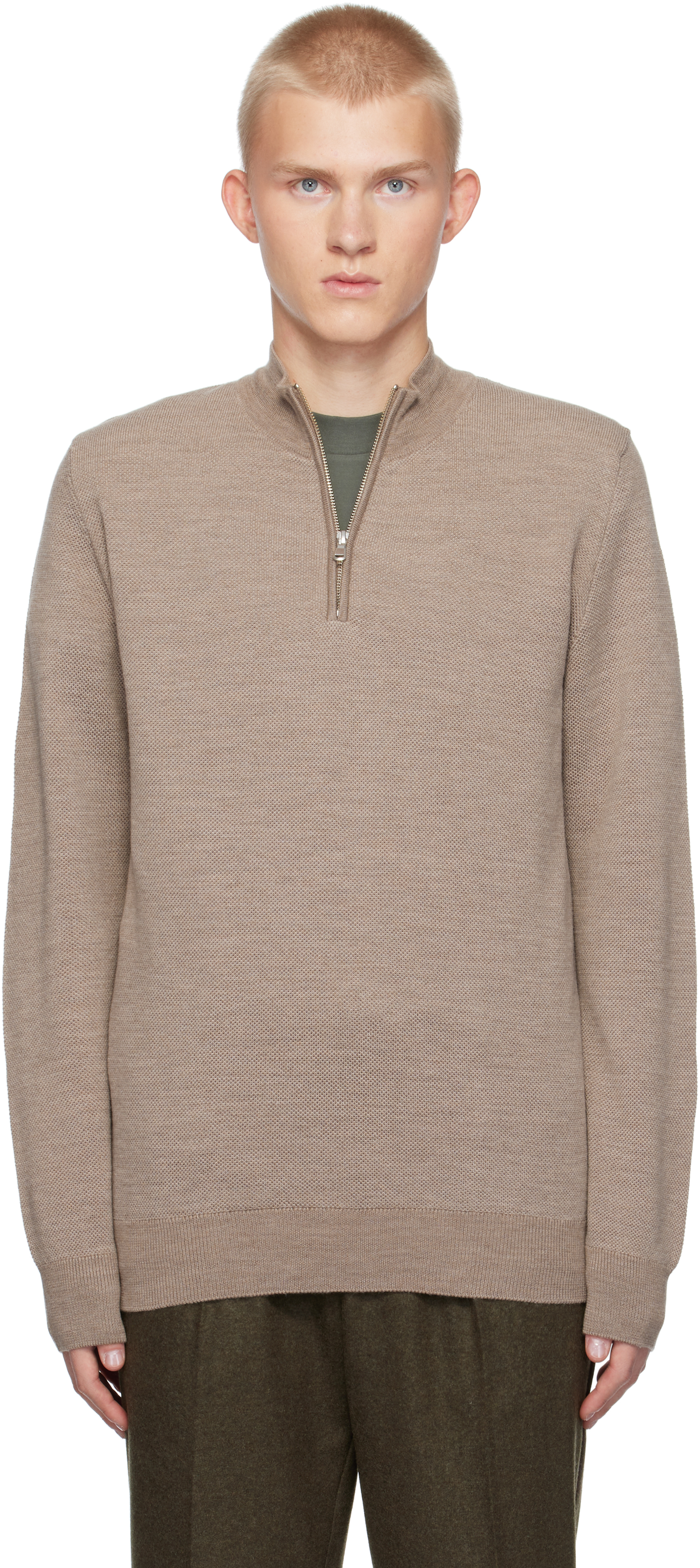 Beige Merino Honeycomb Zip Neck Sweater