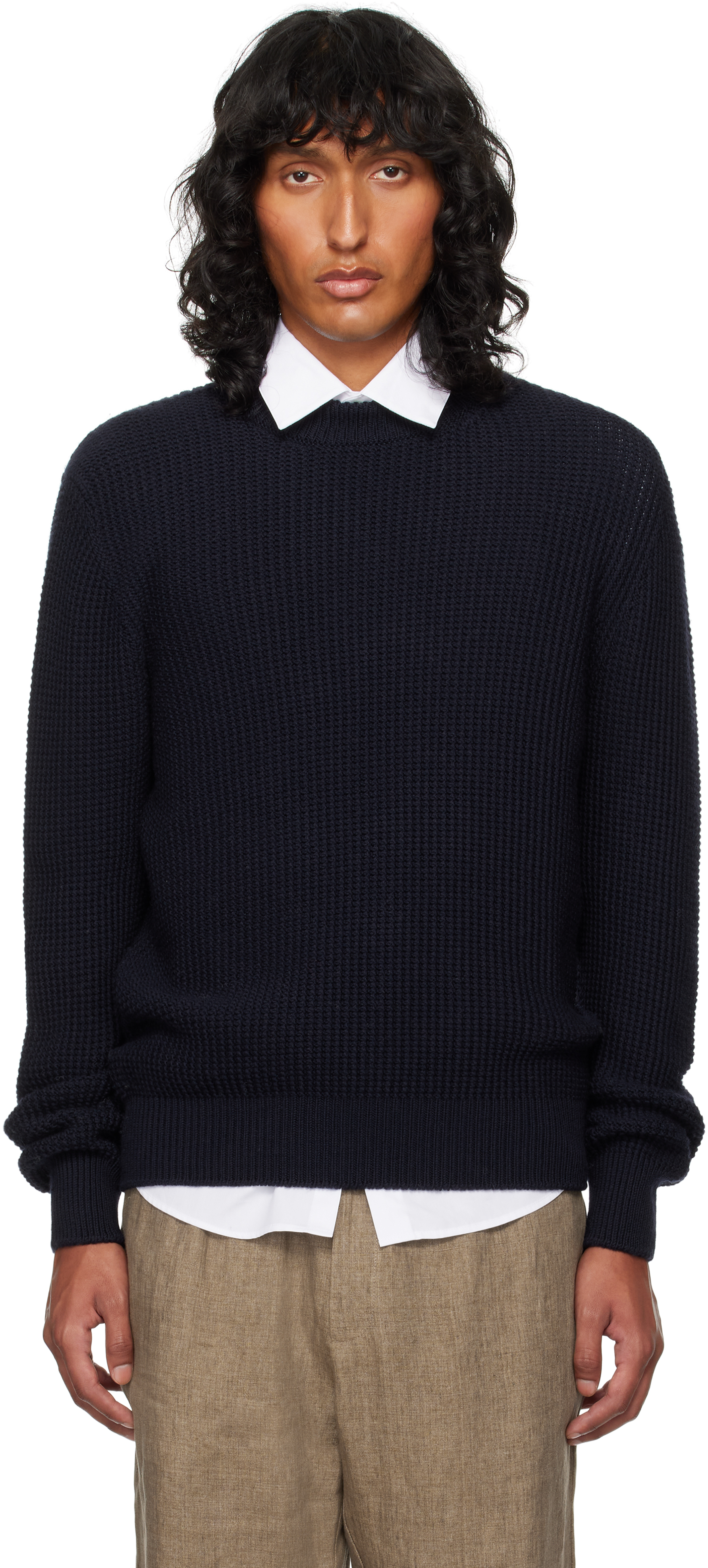 Navy Mariner Mock Neck Sweater by Sunspel on Sale