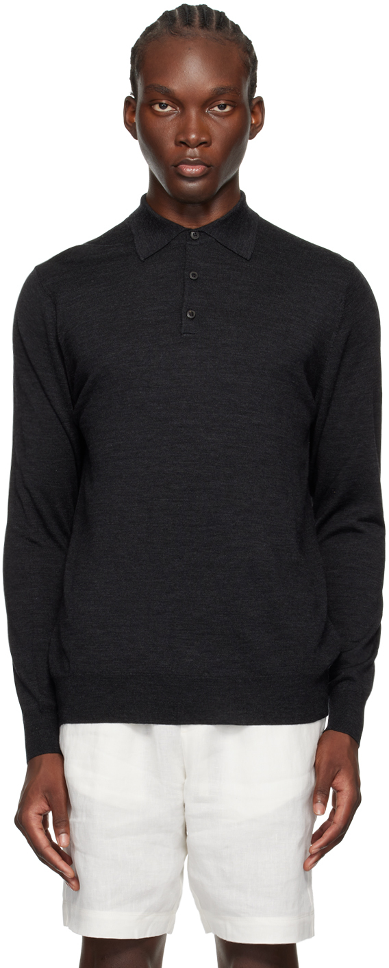 Black Extrafine Merino Wool Polo