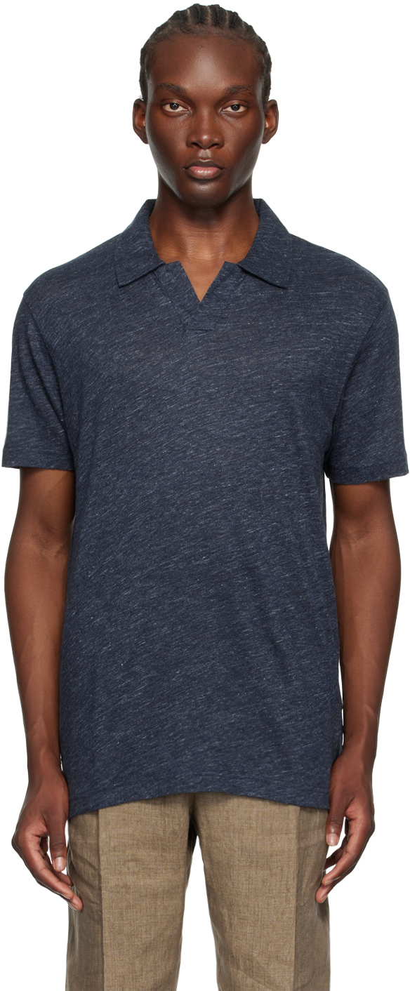 Shop Sunspel Navy Linen Polo In Navy Melange