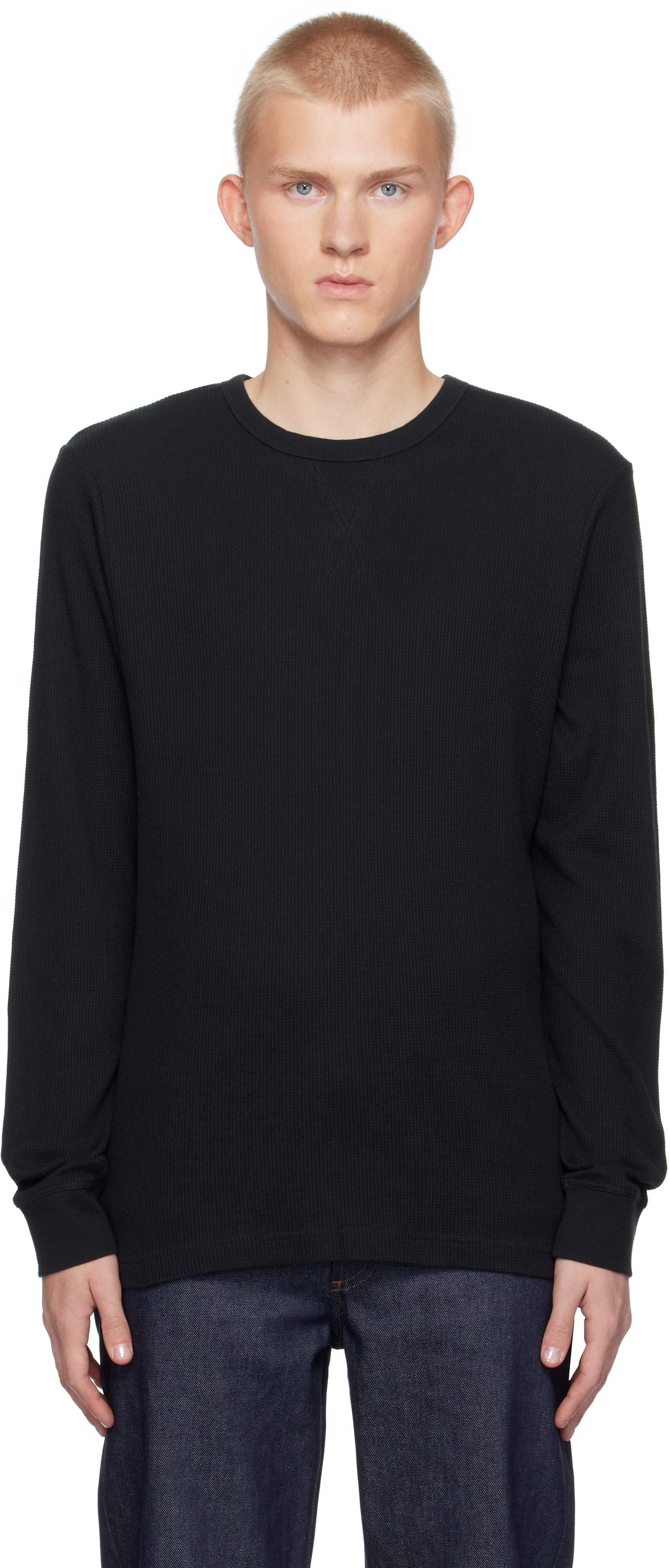 【関税込み】Sunspel ブラック ワッフル 長袖Tシャツ ハーフジップループバックスウェットシャツ （Black）| Sunspel