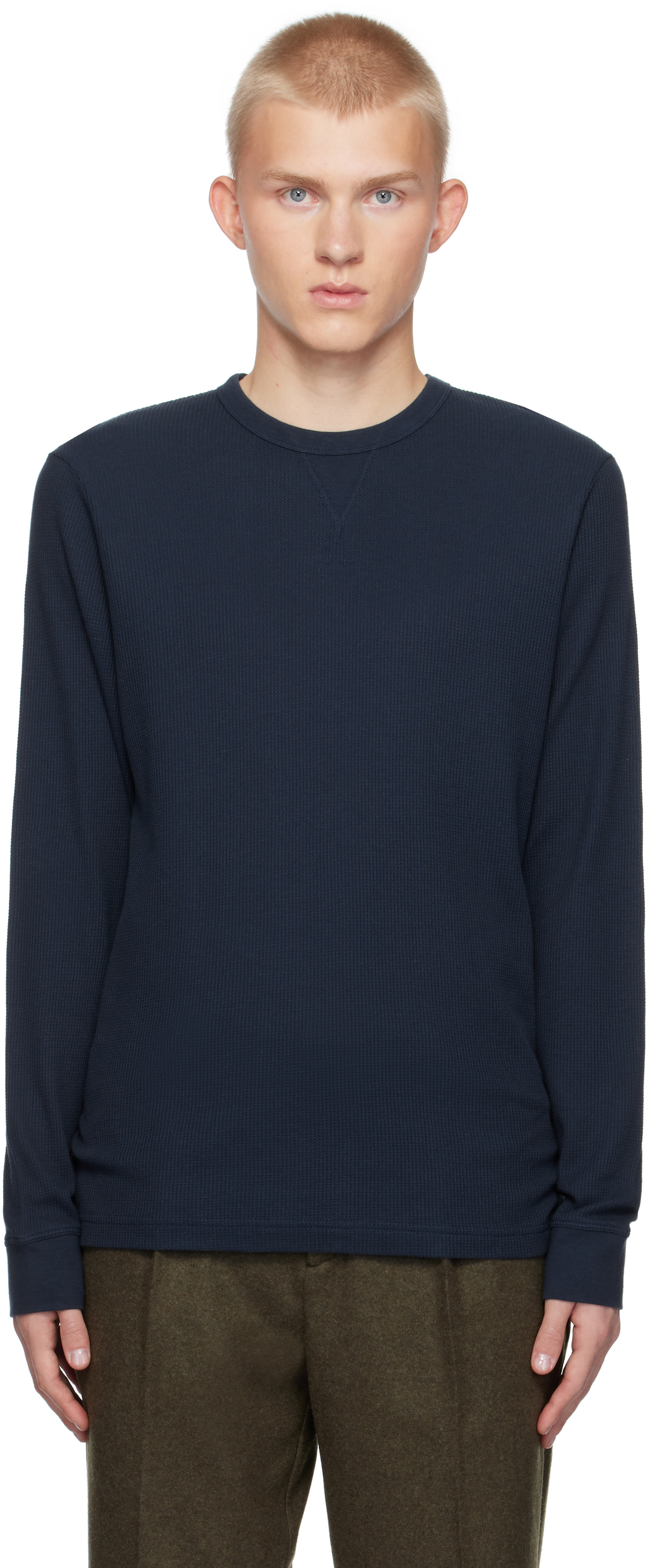 トップス SOL soonerorlater WAFFLE TEE NAVY L Men's Long Sleeve Waffle T-shirt in Black | Sunspel