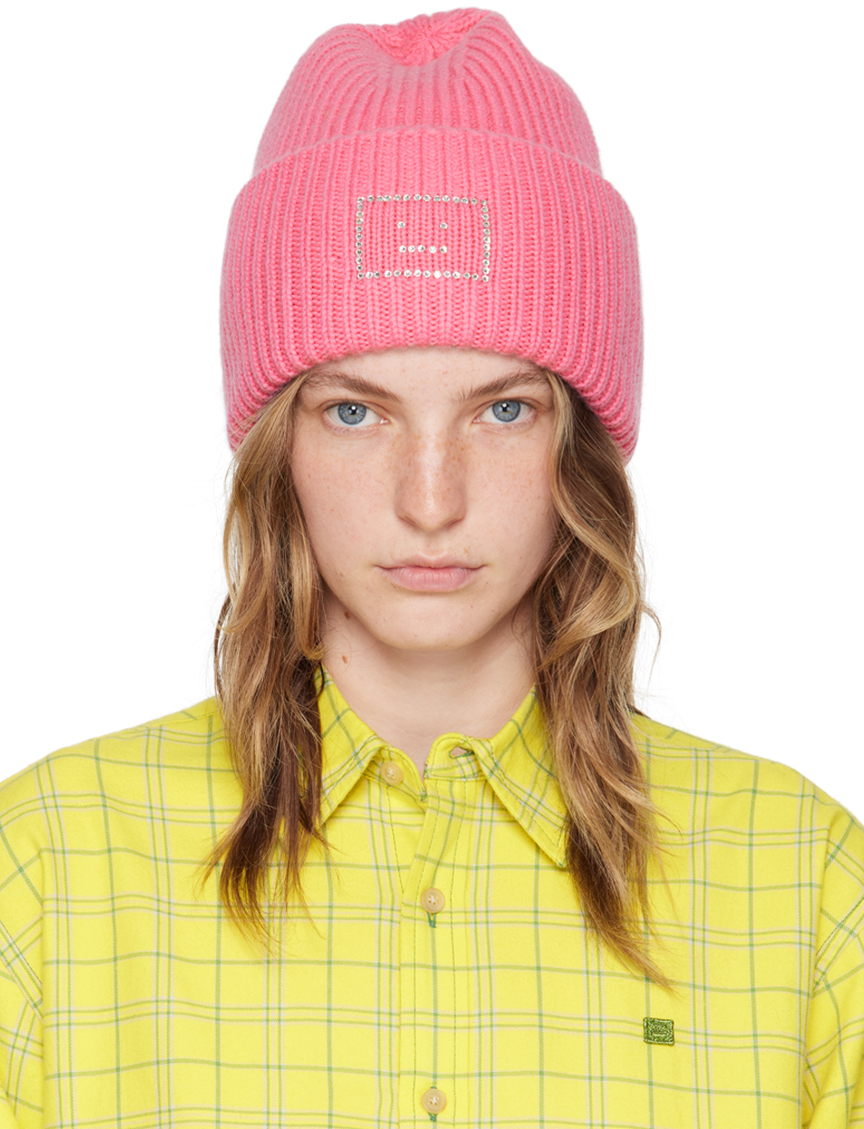 Acne Studios: Pink Embellished Face Logo Beanie | SSENSE