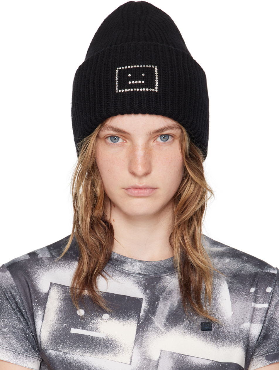 Acne Studios: Black Large Face Logo Beanie | SSENSE