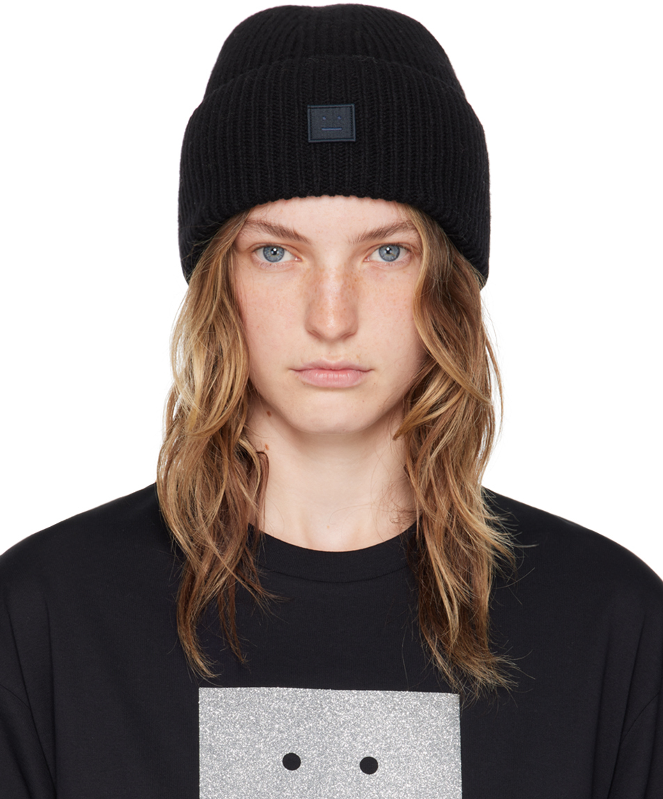 Acne Studios: Black Small Face Logo Beanie | SSENSE