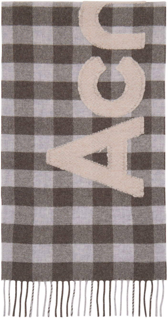 Acne Studios: ブラウン&グレー チェック ロゴ マフラー Acne Studios: ブラウン&グレー チェック ロゴ マフラー