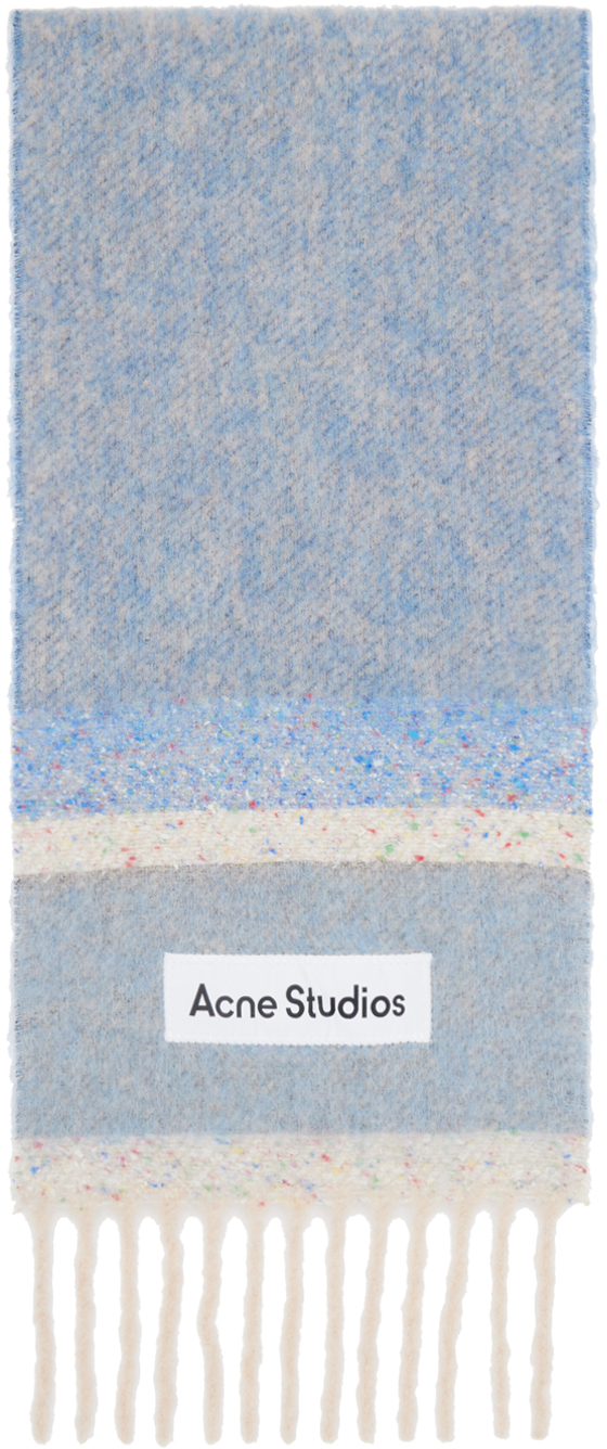 Shop Acne Studios ブルー フリンジ ロゴ マフラー In Aal Denim Blue