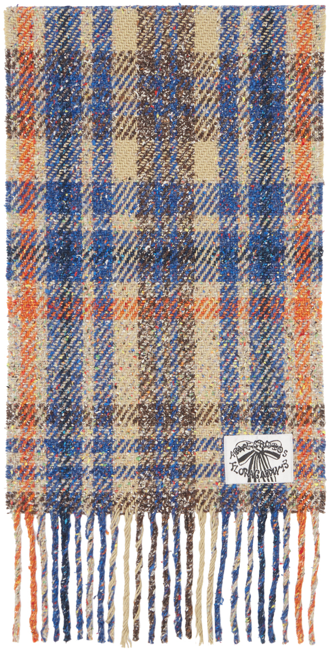 Beige & Blue Plaid Fringe Scarf