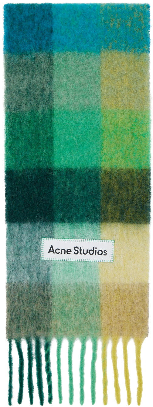 Shop Acne Studios グリーン＆ブルー モヘア チェック マフラー In Dqd Jade Green/yello