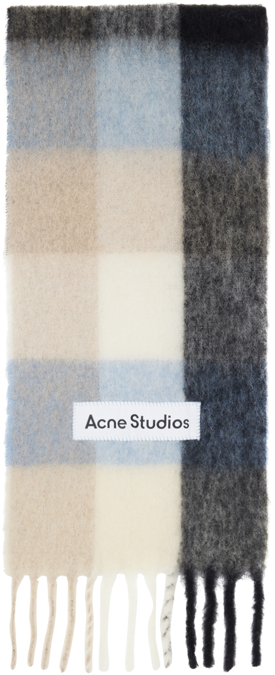 Shop Acne Studios Blue & Beige Mohair Checked Scarf In Dib Blue/beige/black