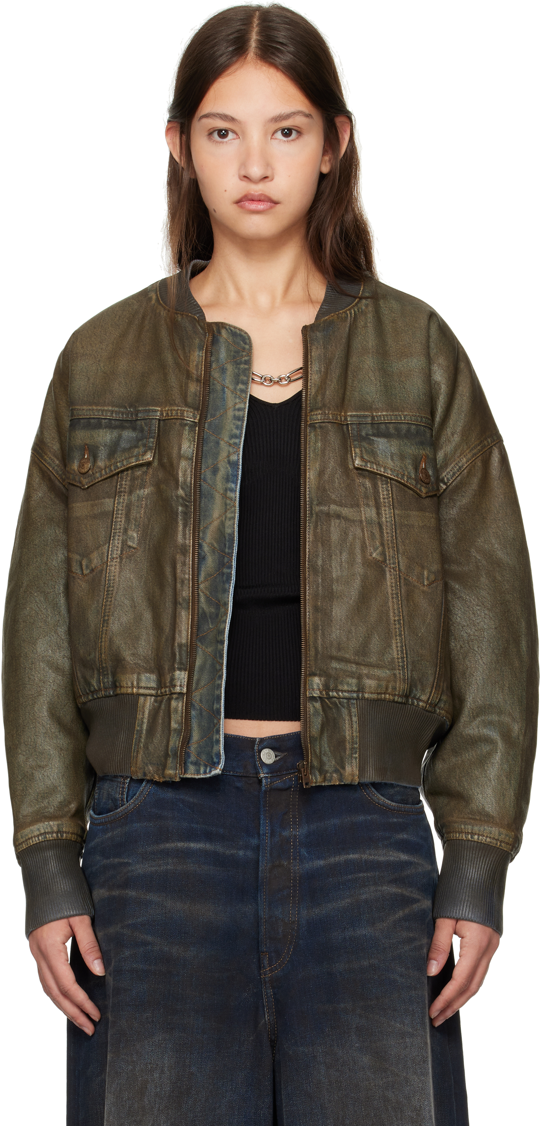 Brown Dyed Denim Bomber Jacket