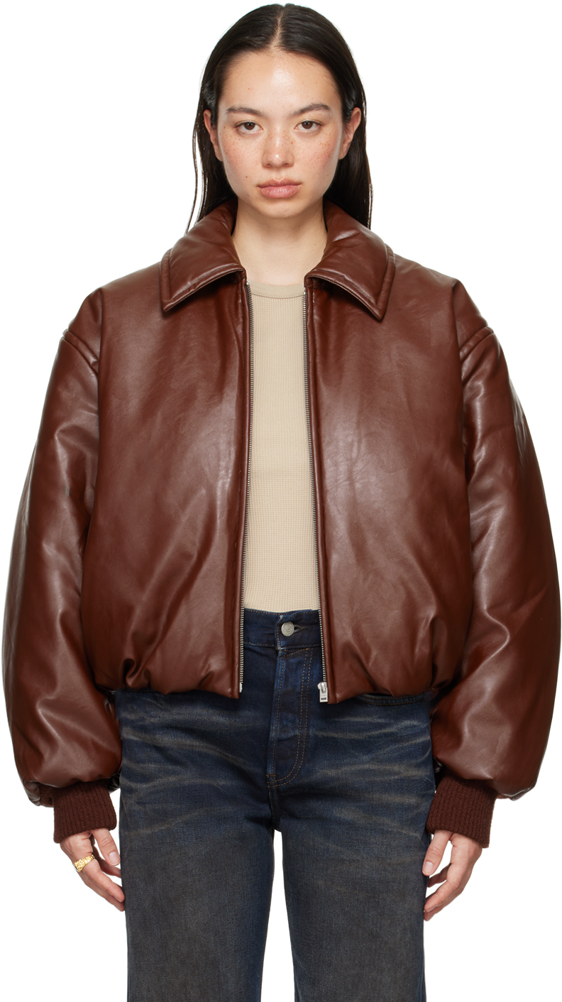 Brown Coated Faux-Leather Bomber Jacket