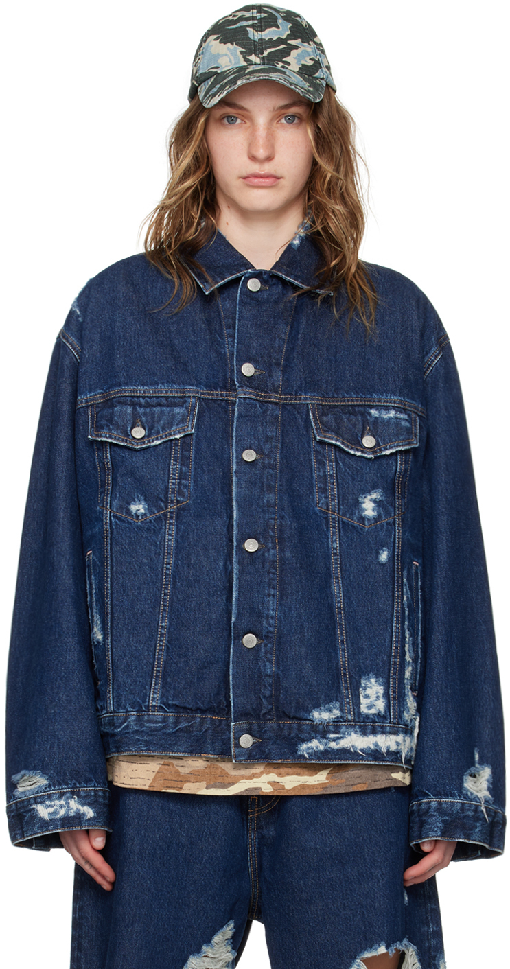 Shop Acne Studios Navy Distressed Denim Jacket In Auz Mid Blue