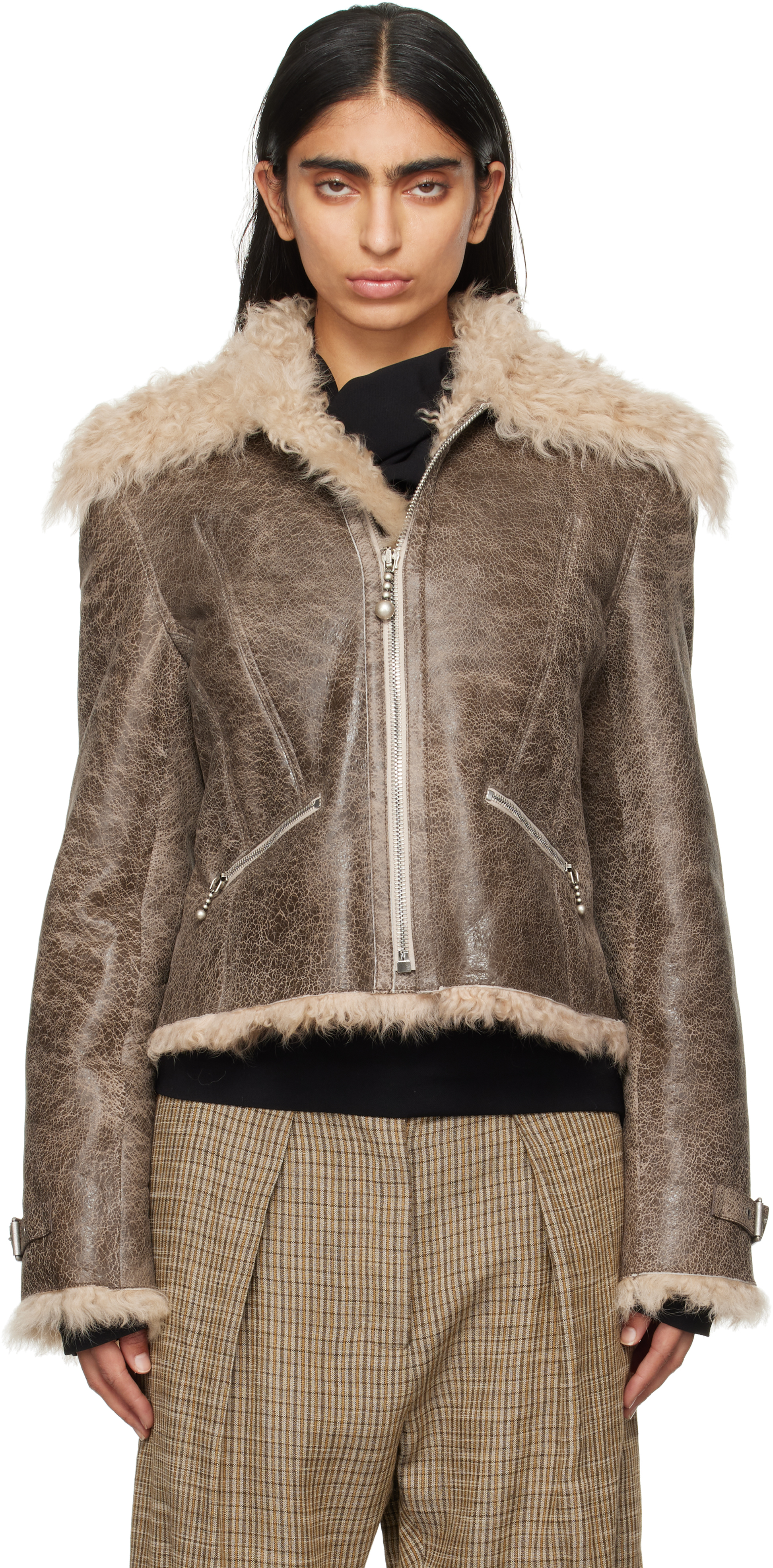 Acne Studios Brown Cracked Shearling Jacket