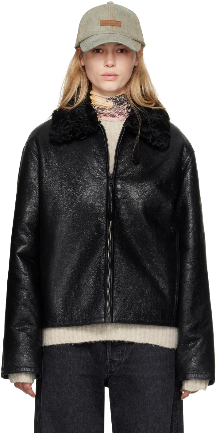 Black Crackled Shearling Leather Jacket