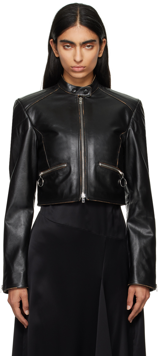 Black Quilted Shoulders Leather Biker Jacket