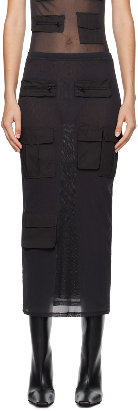 Black Cargo Mesh Maxi Skirt