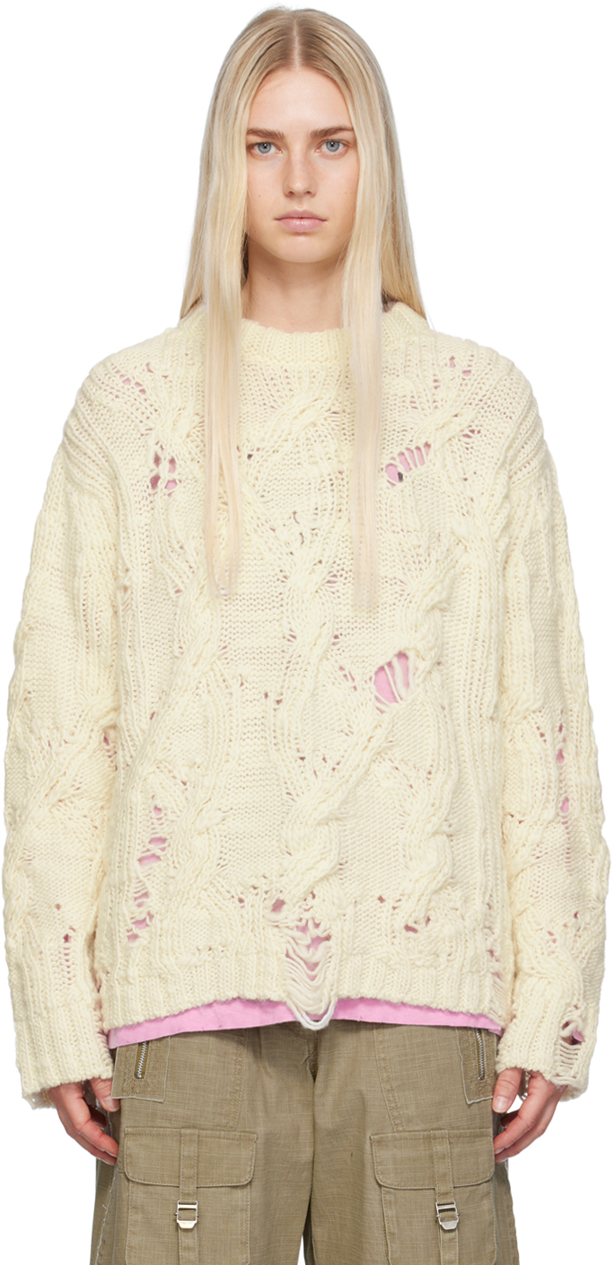 Shop Acne Studios Off-white Distressed Sweater In Bsi Pale Beige