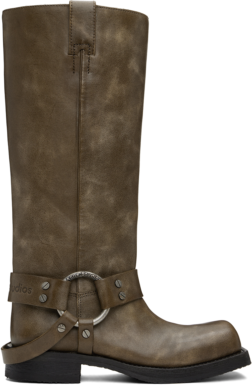 Taupe Leather Buckle Tall Boots