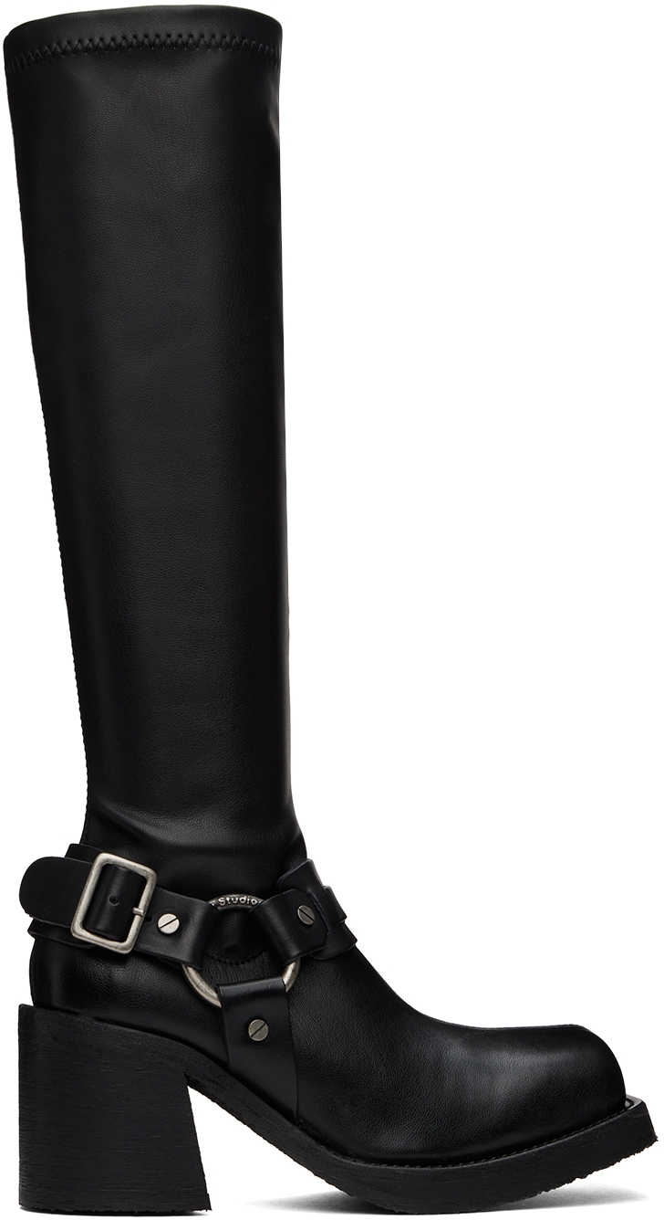 Black Pull-On Buckle Tall Boots