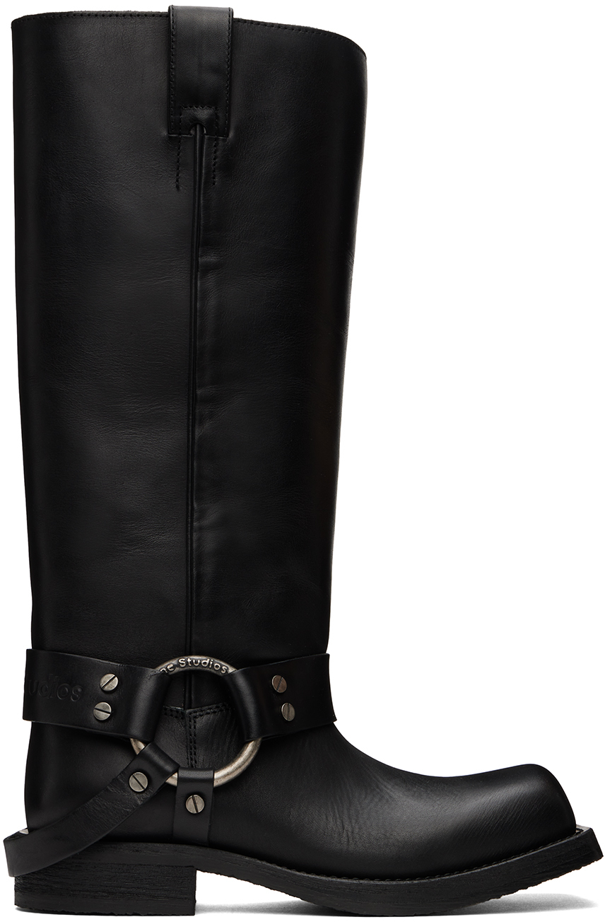 Black Leather Buckle Tall Boots